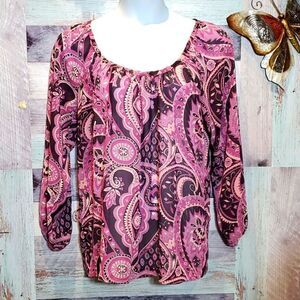 New York & Co Sz M Pink Purple Semi Sheer Floral Long Sleeve Popover Blouse 524